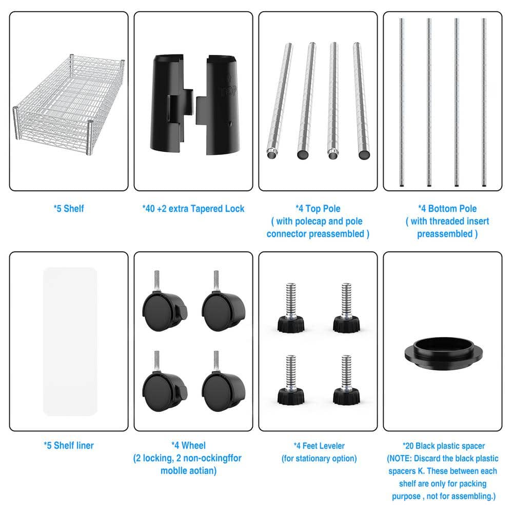 5-Tier Chrome Shelf Style Heavy Duty Wire Shelving with Adjustable Shelves 750 lbs. (14 in x 30 in. x 60 in.) - Hercitys