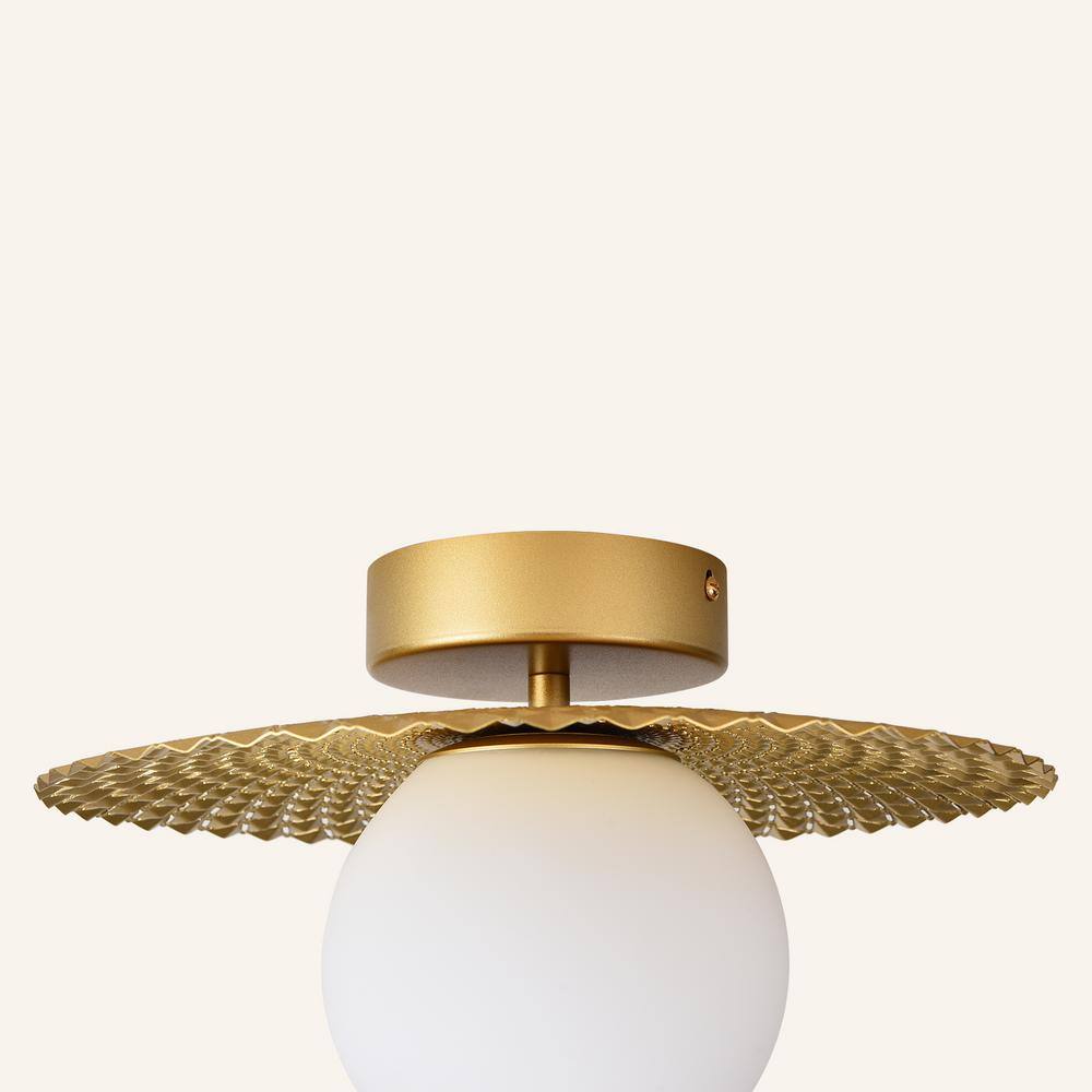 12.6 in. 1-Light Golden Diffuser Semi-Flush Mount Ceiling Light with Metal Pleated Shade and White Glass Shade - Hercitys