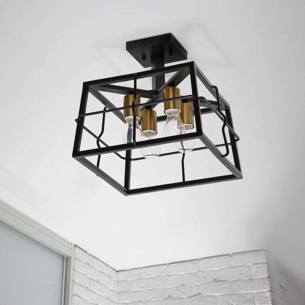 12.4 in. 4-Light Black Semi Flush Mount Fixture Industrial Farmhouse Caged Square Metal Frame Ceiling - Hercitys
