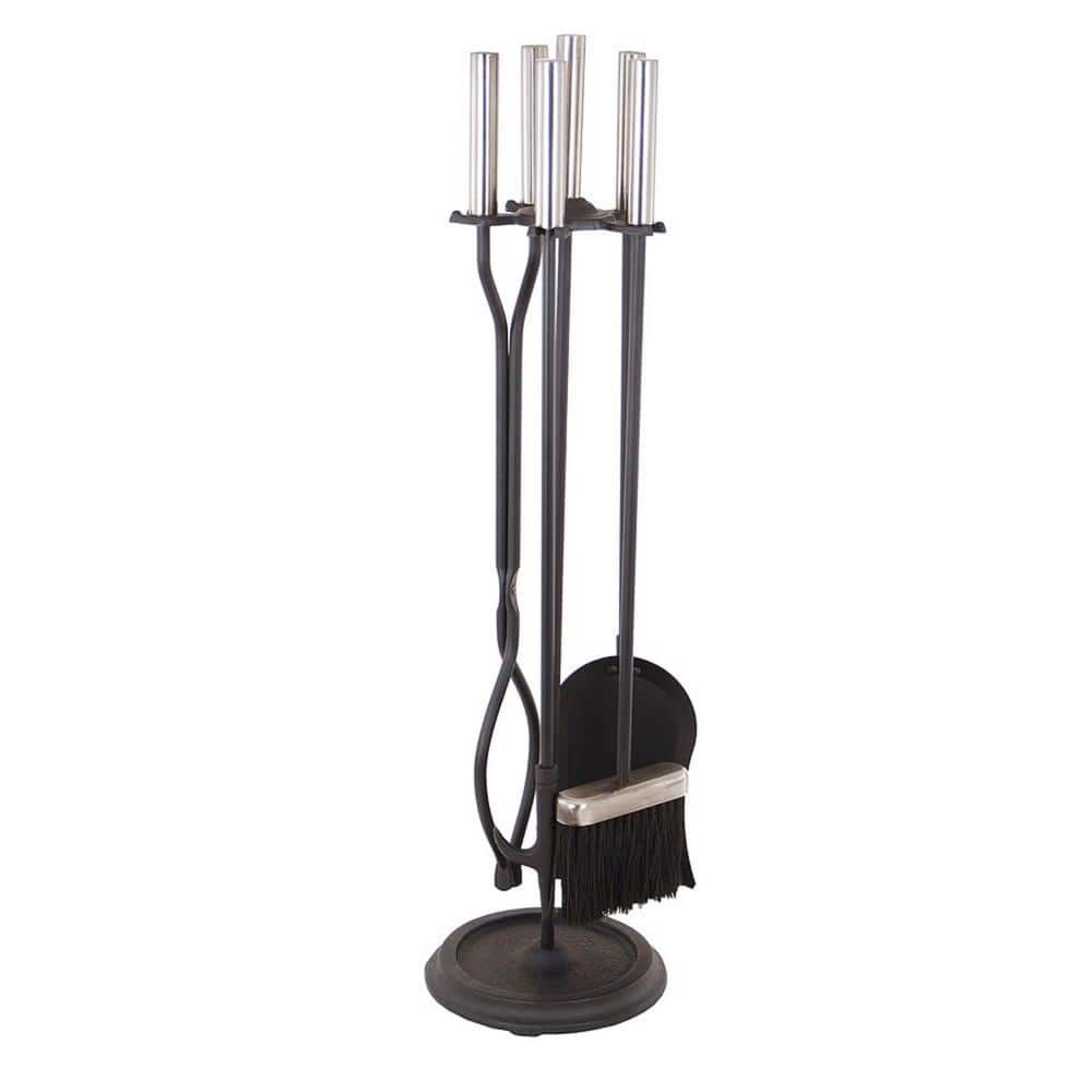 30 in. Tall 5-Piece Chrome and Black Neoclassic Fireplace Tool Set with Round Base - Hercitys