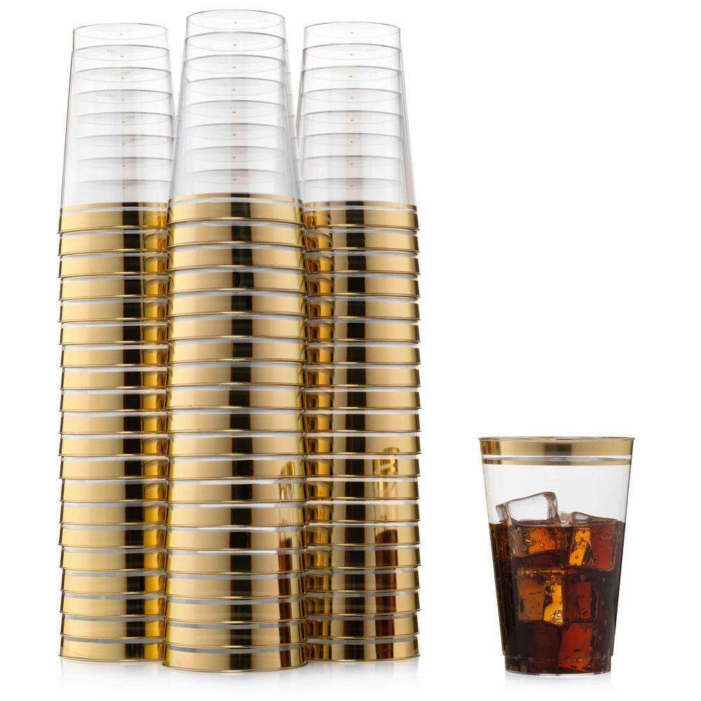 14 oz. 2-Line Gold Rim Clear Disposable Plastic Cups, Party, Cold Drinks, (100/Pack) - Hercitys