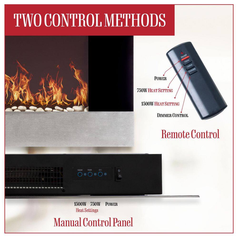 36 in. Stainless Steel Electric Fireplace with Wall Mount and Remote in Silver - Hercitys