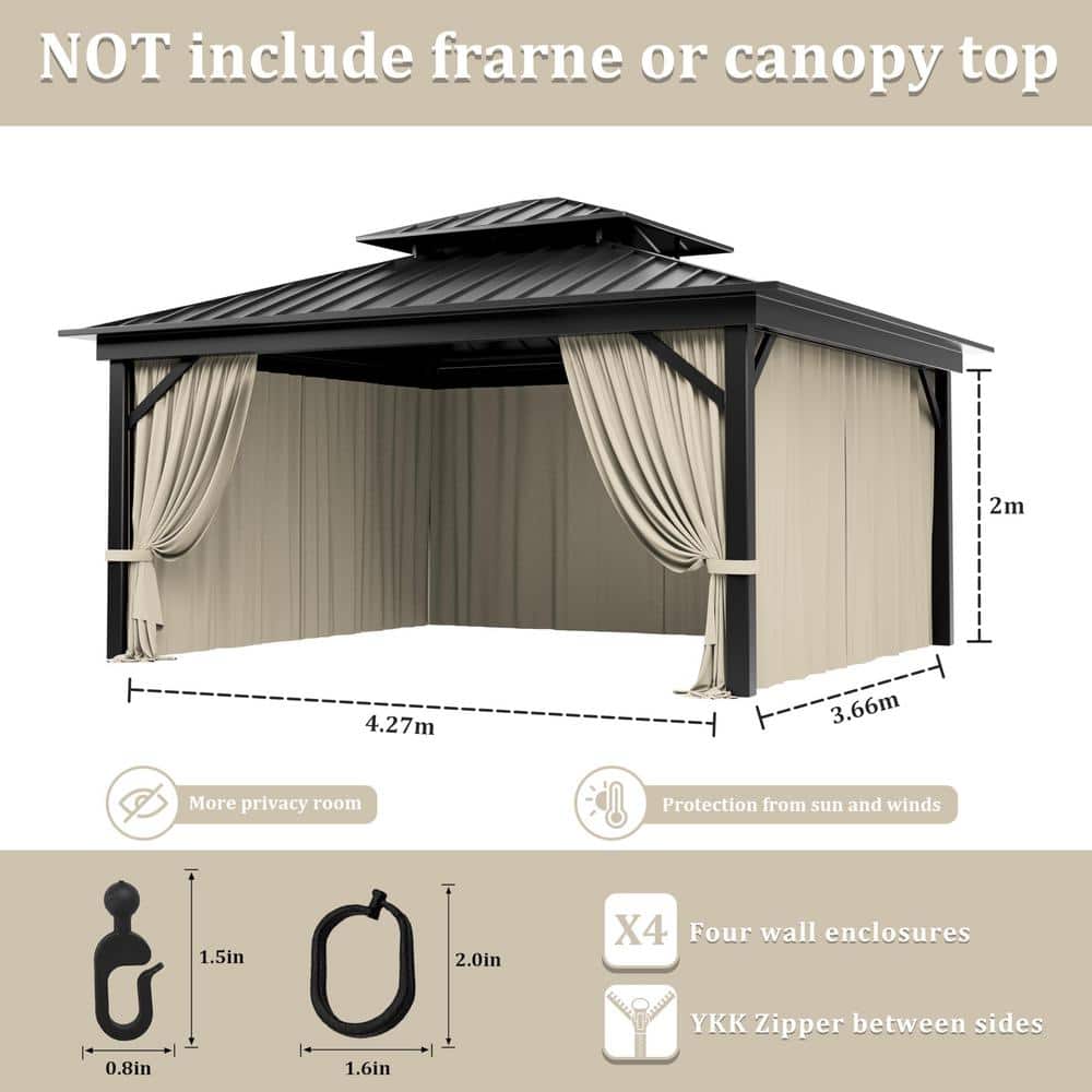 12 ft. x 14 ft. Universal Outdoor Privacy Curtains, Gazebo Curtain Replacement with Zipper Cream (4-Side Curtain Only) - Hercitys