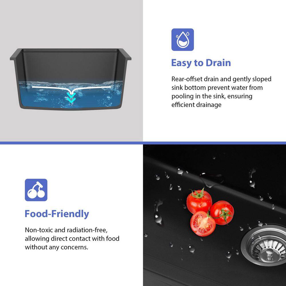 18 in. Undermount Single Bowl Black Quartz Composite Kitchen Sink with Bottom Grids - Hercitys