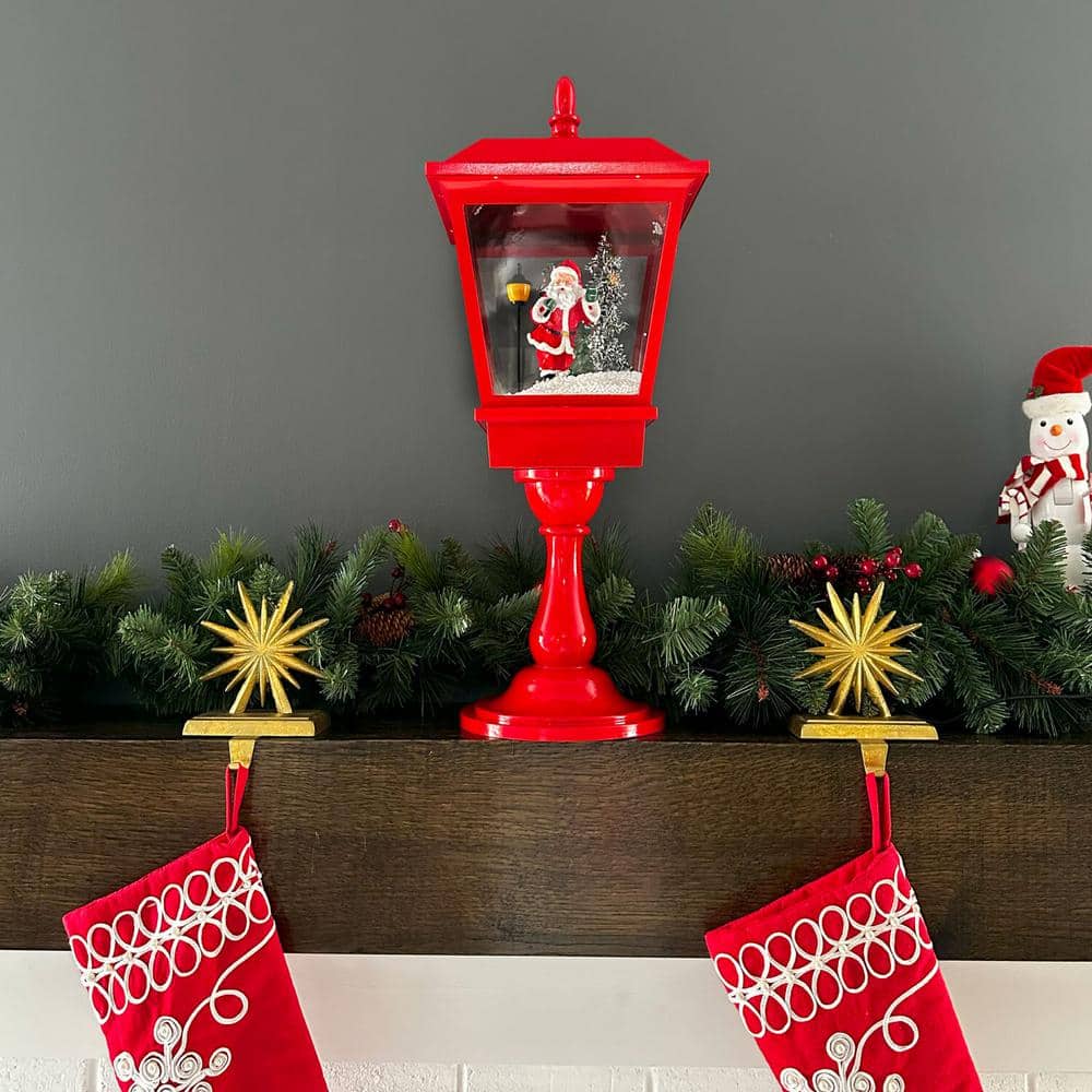 25 in. Musical Tabletop Lantern in Red Featuring Santa Scene and Snow Function - Hercitys
