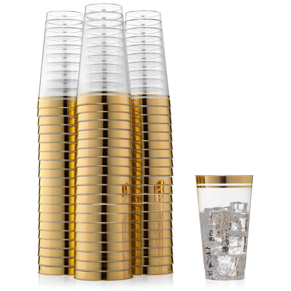 16 oz. Gold Rim Clear Disposable Plastic Cups Party Cold Drinks (100/Pack) - Hercitys