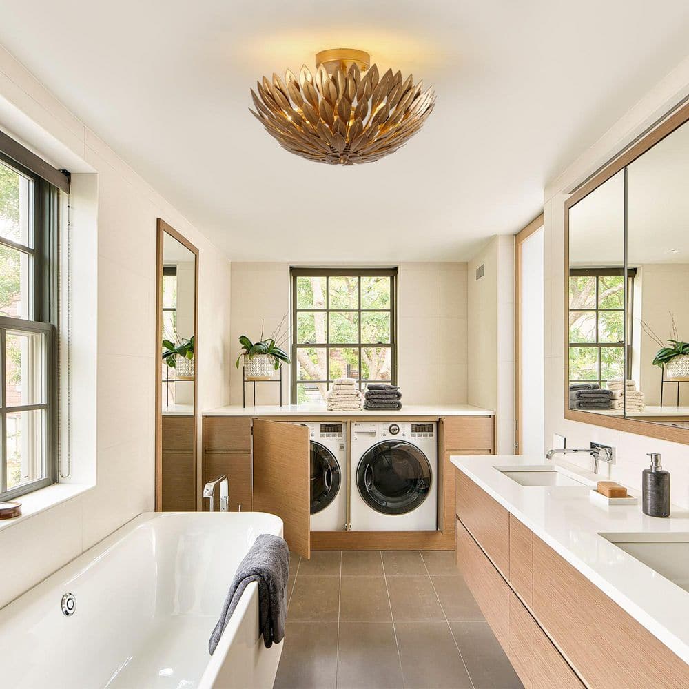 15.75 in. 3-Light Antique Gold Semi-Flush Mount Ceiling Light with Layers of Leaves Shade - Hercitys