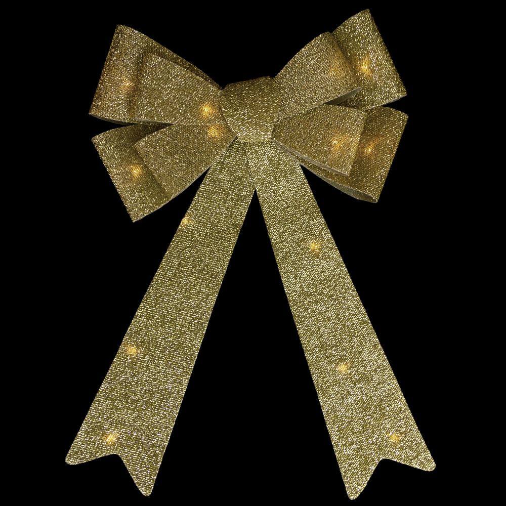 16 in. W LED Lighted Gold Tinsel Christmas Bow Decoration - Hercitys