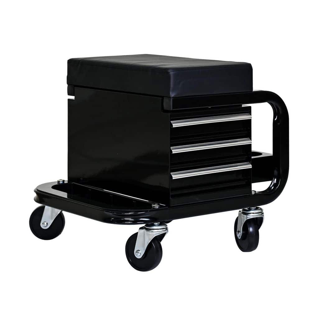 16 in. W Black Steel 3-Drawer Rolling Mechanic Stool w/Ball-Bearing Slides, 300 lb. Capacity and Swivel Casters - Hercitys