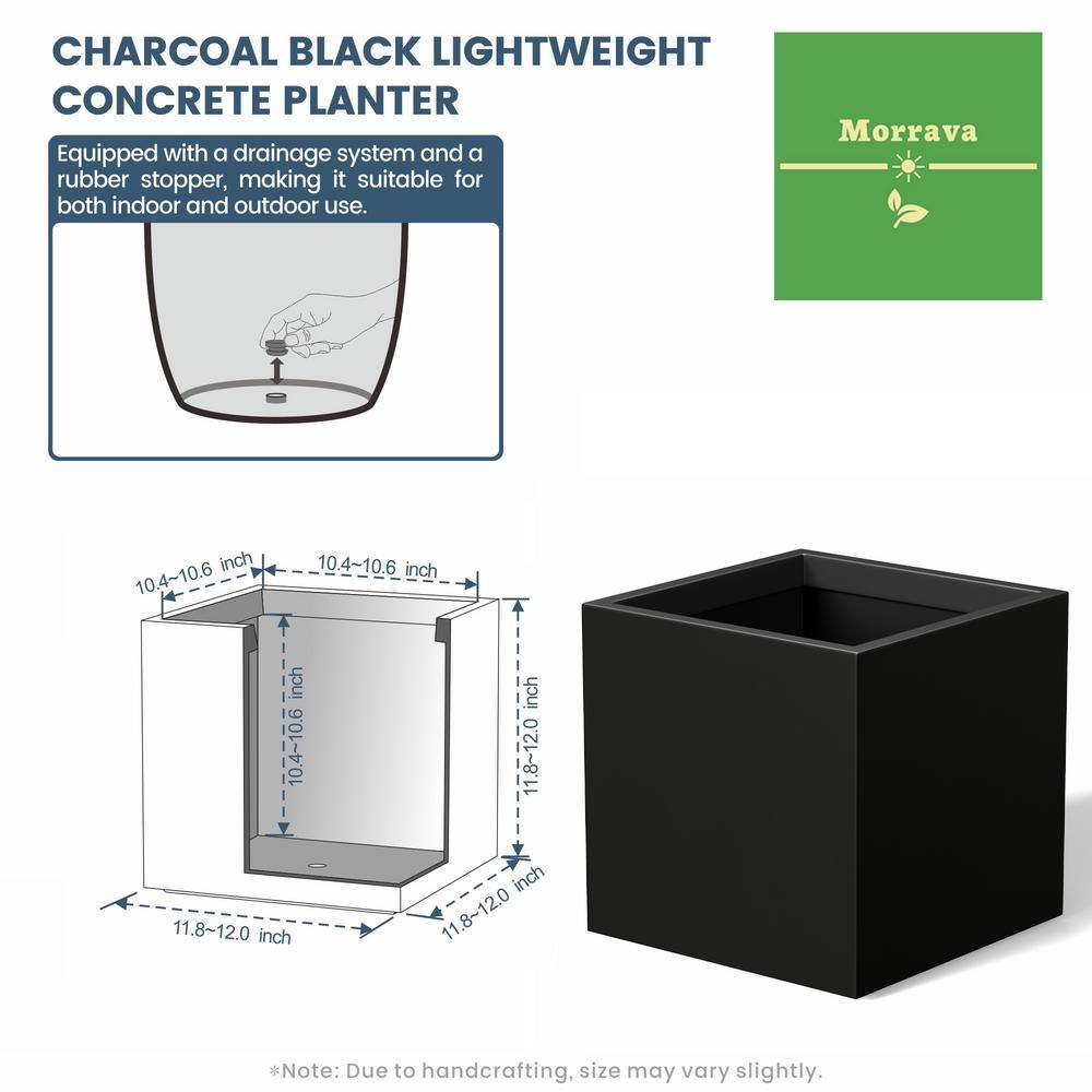 12 in. Medium Charcoal Black Concrete Square planter / Pot with drainage holes - Hercitys