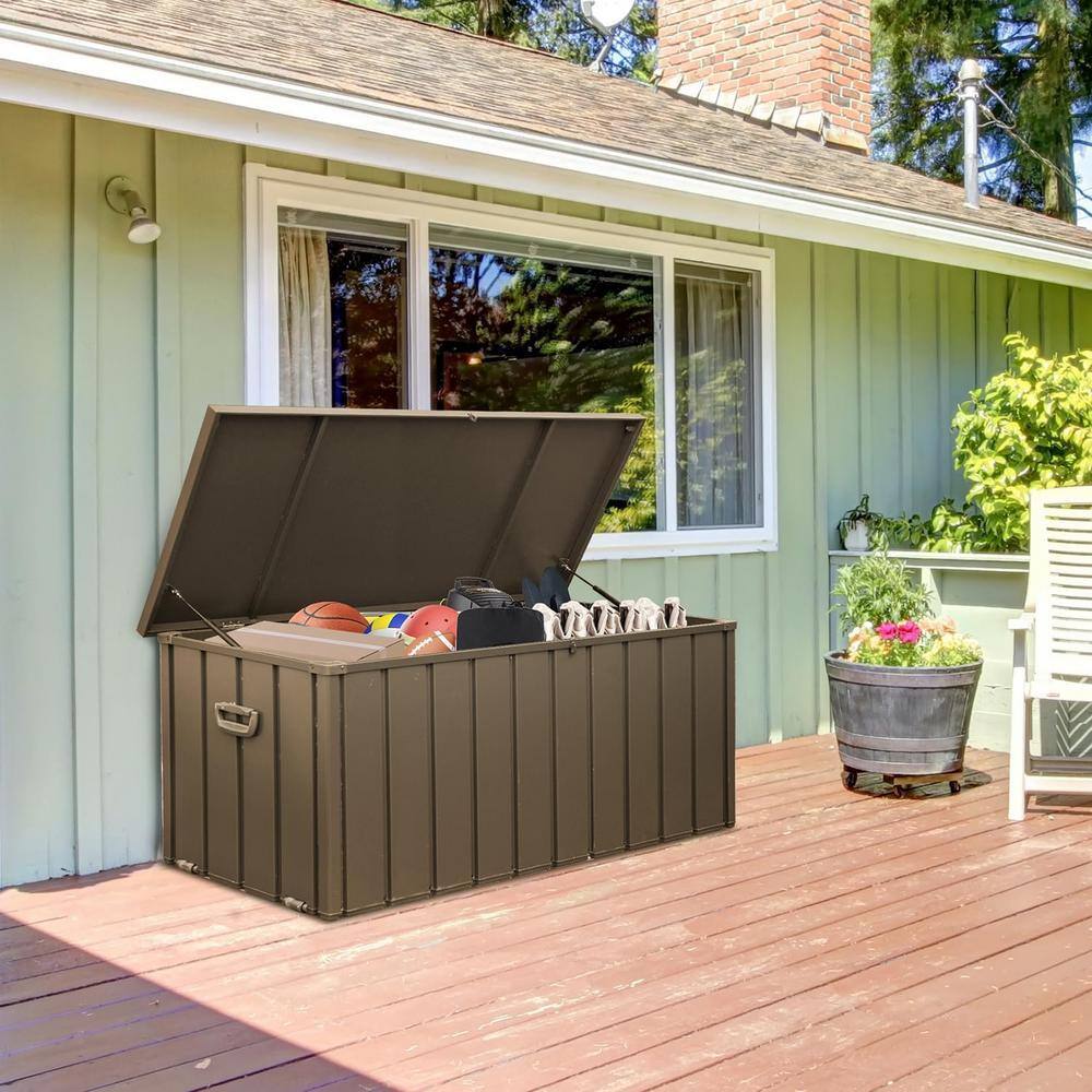 120-Gallon Outdoor Deck Box, Waterproof Lockable Steel Storage Container for Outside Cushions, Garden Tools, Brown - Hercitys
