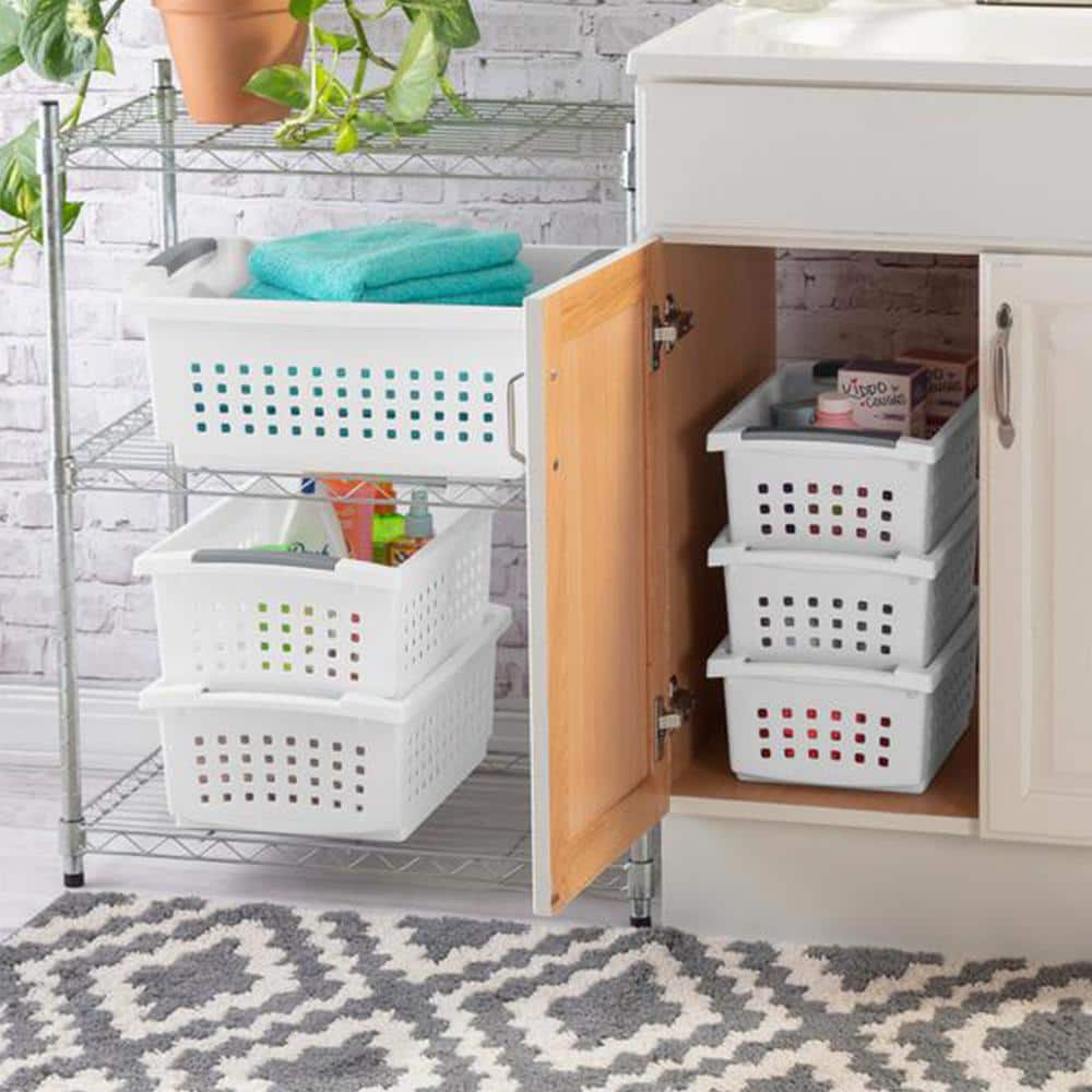 5.38 in. D x 8.63 in. W x 12.5 in. H White Small Stacking Basket with Titanium Accents (8-Pack) - Hercitys