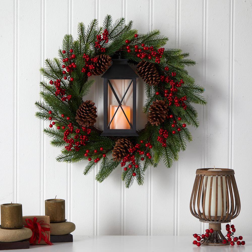 28 in. Green Pre-Lit Berries and Pine Artificial Christmas Wreath with Lantern and Included LED Candle - Hercitys
