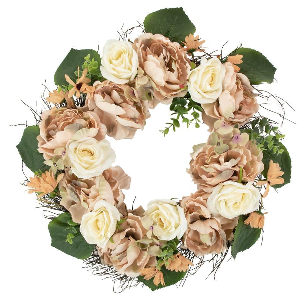 22 in. Peach and White Floral Fall Harvest Artificial Wreath - Hercitys