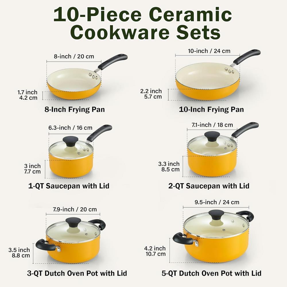 10-Piece Ceramic Nonstick Aluminum Kitchen Cookware Set, Yellow - Hercitys