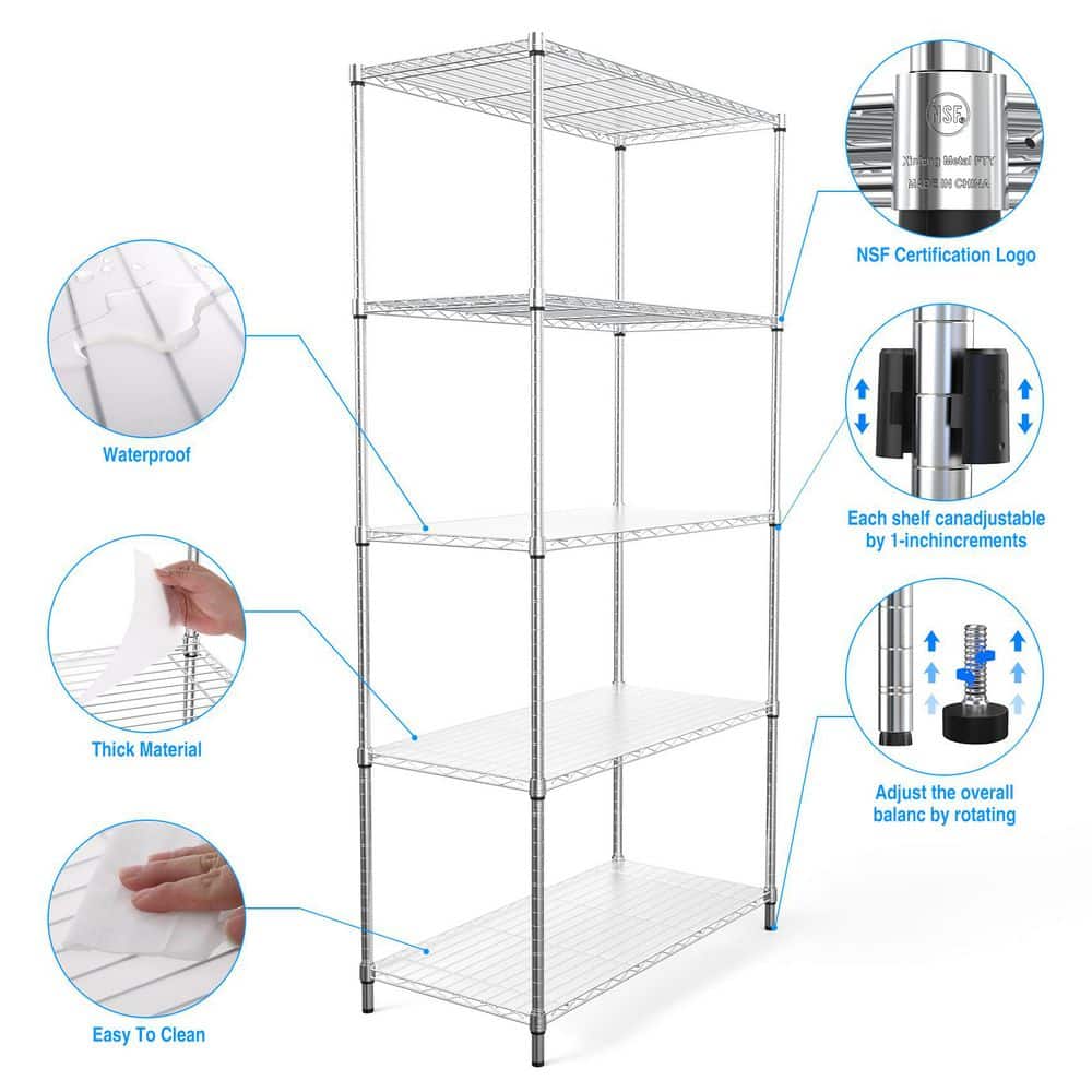 5 Tier Shelf Wire Shelving Unit-5T-1636-C-LKJ, 72H in Chrome - Hercitys
