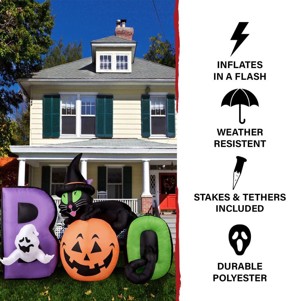 5 ft. Pre-Lit Boo Sign with Black Cat, Jack-O-Lantern and Ghost Halloween Inflatable - Hercitys