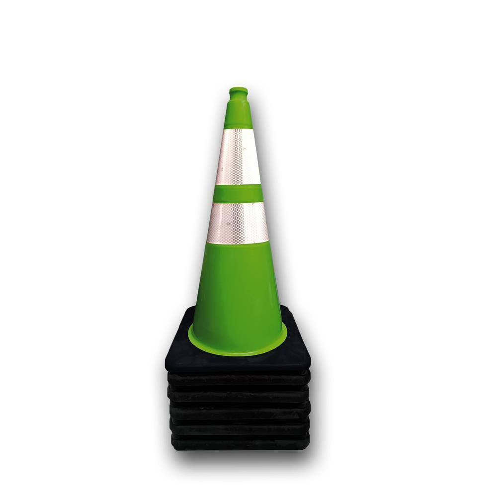 28 in. Lime Green Traffic Cone with Black Base and 4 in. and 6 in. Reflective Collars 7 lbs. (6-Pack) - Hercitys