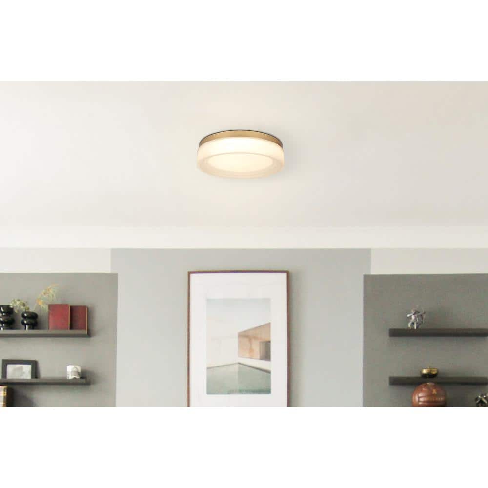 13 in. 24-Watt Modern Brushed Gold-Plated Integrated LED Flush Mount with Alabaster Glass Shade - Hercitys