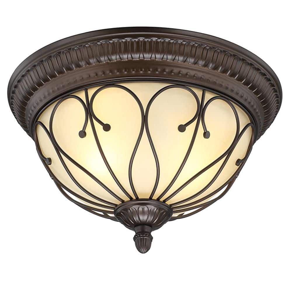 15.29 in. 2-Light Old Bronze Ceiling Light Hallway Interior Flush Mount with Frosted Glass - Hercitys