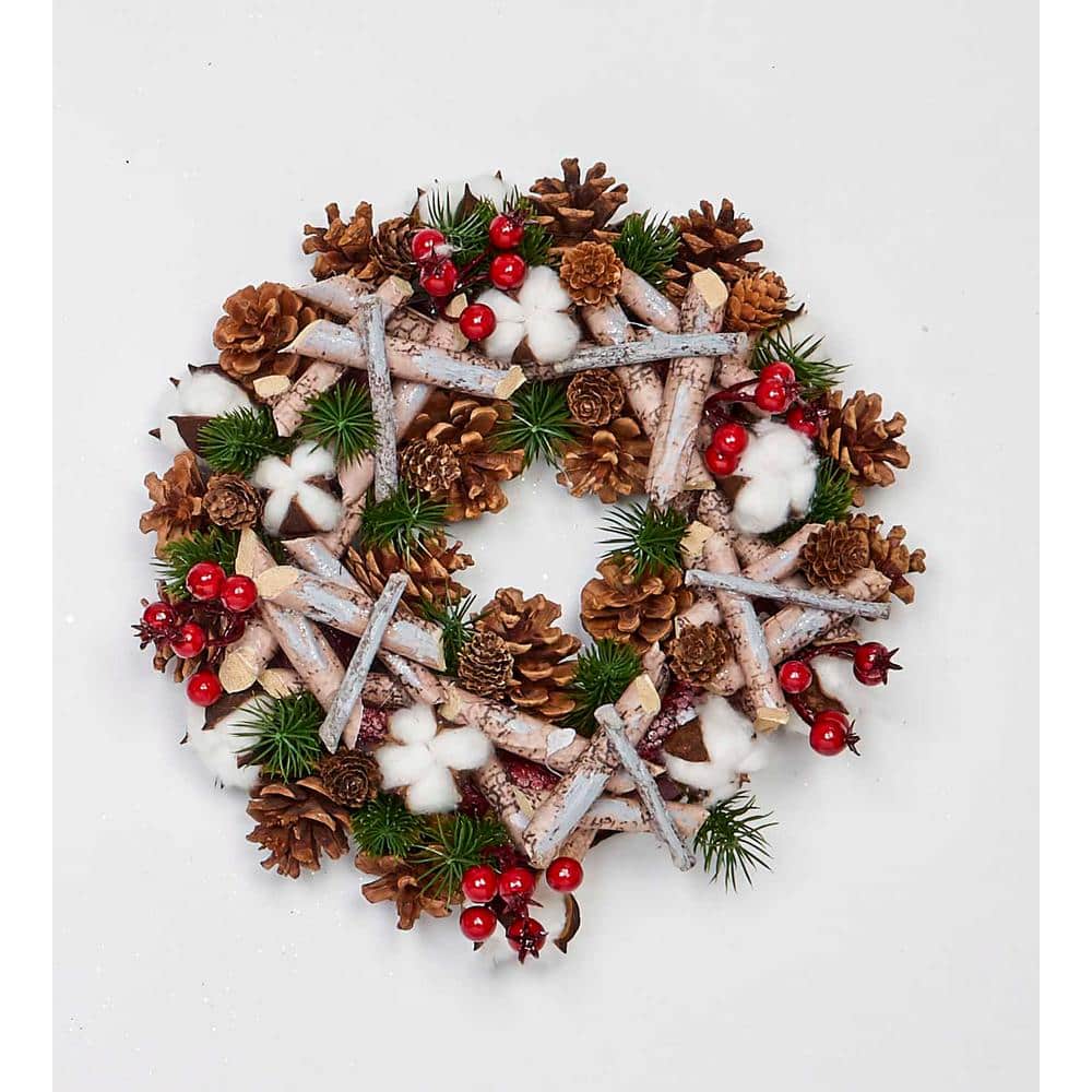 12 in. Artificial Birch Log Wreath with Pinecones Cotton and Berries - Hercitys