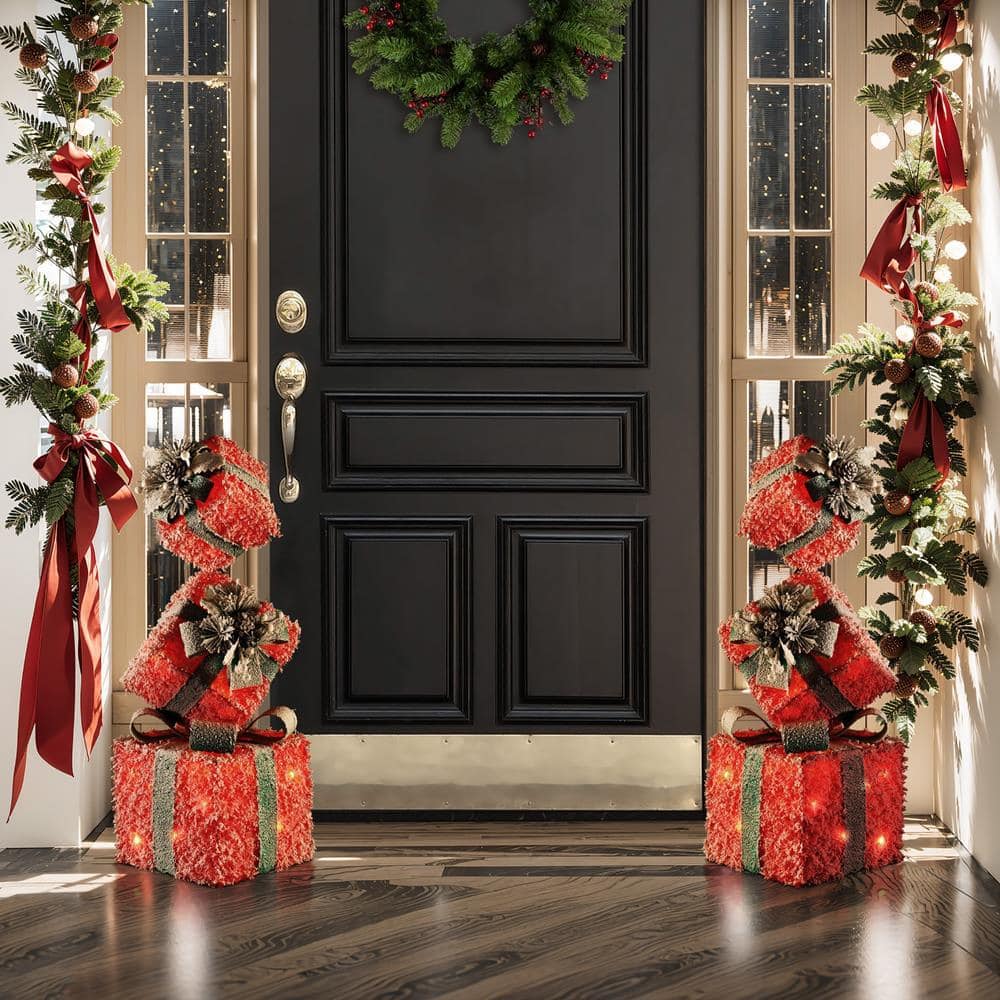 31.89 in. H Red Frosted Gift Boxes with Battery Operated Christmas Lights - Hercitys