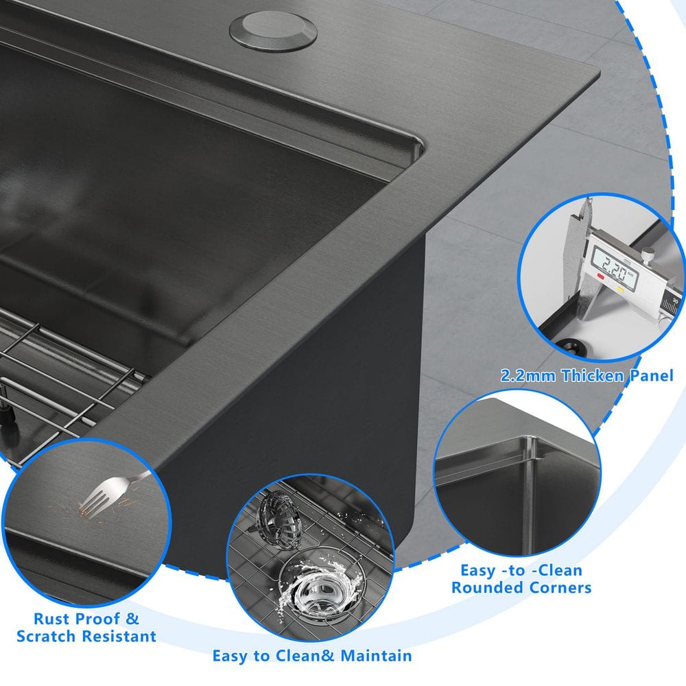33 in. Drop-In/Undermount Single Bowl 16 Gauge Gunmetal Black Stainless Steel Kitchen Sink with Bottom Grids - Hercitys