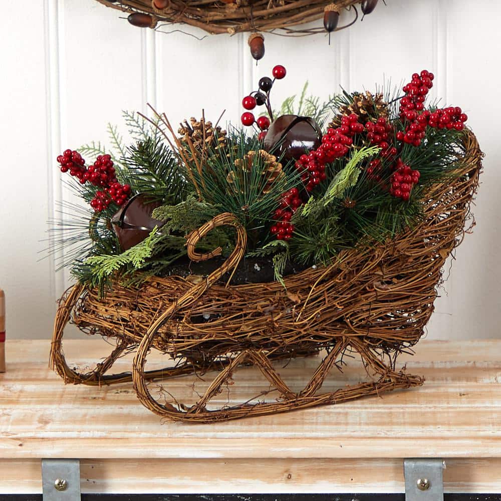 18 in. Unlit Christmas Sleigh with Pine, Pinecones and Berries Artificial Christmas Arrangement - Hercitys