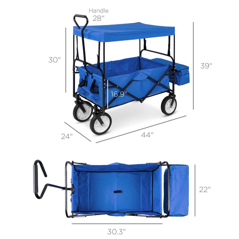 24 in. x 39 in. Utility Cargo Wagon Foldable Cart w/Removable Canopy, Cup Holders in Blue - Hercitys