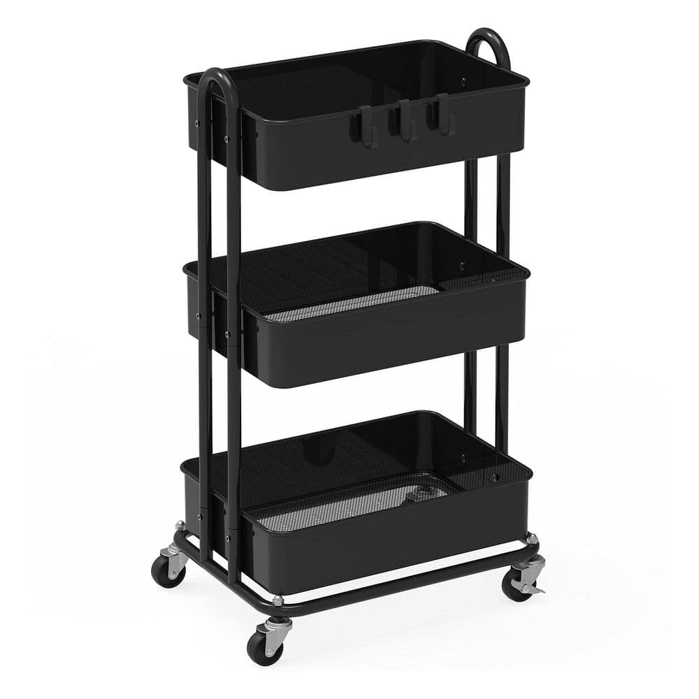 3-Tier Metal -Wheeled Utility Cart in Black - Hercitys