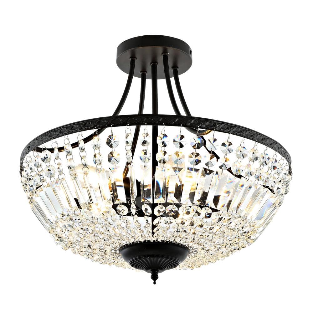 5-Light Crystal Ceiling Light Fixture, Black Semi Flush Mount Chandelier - Hercitys