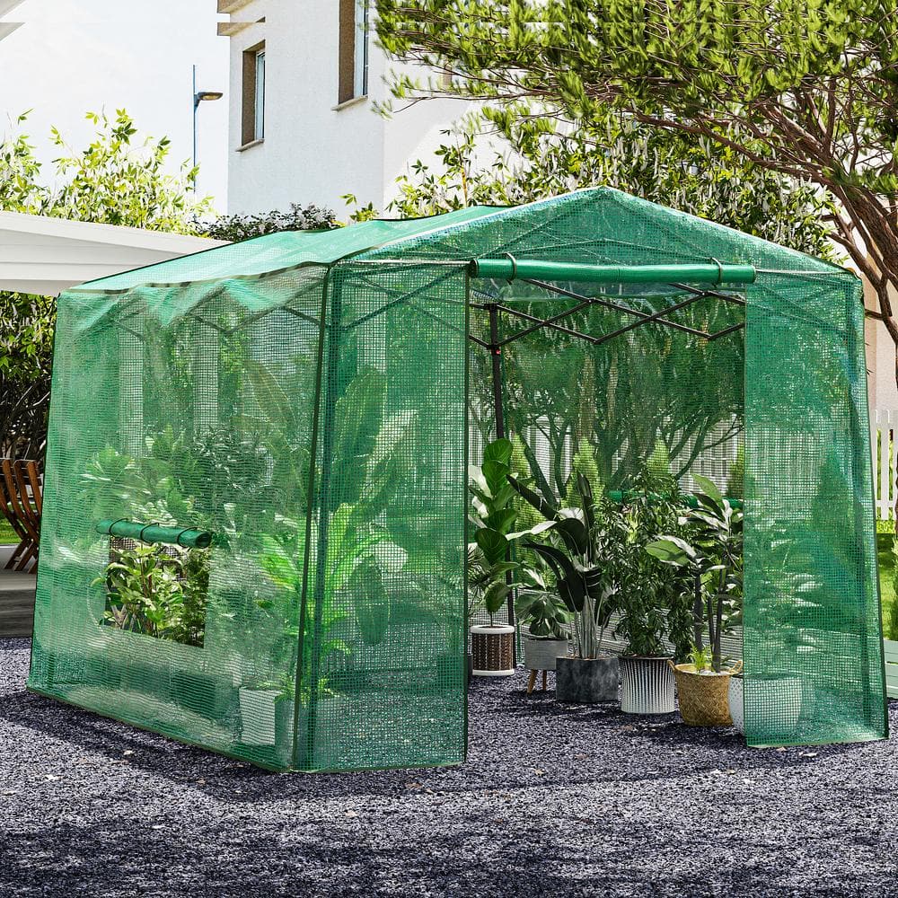 11 ft. x 8.5 ft. Portable Walk-in Pop-up Outdoor Garden Greenhouse with Roll-up Windows, Zippered Door, PE Cover - Hercitys