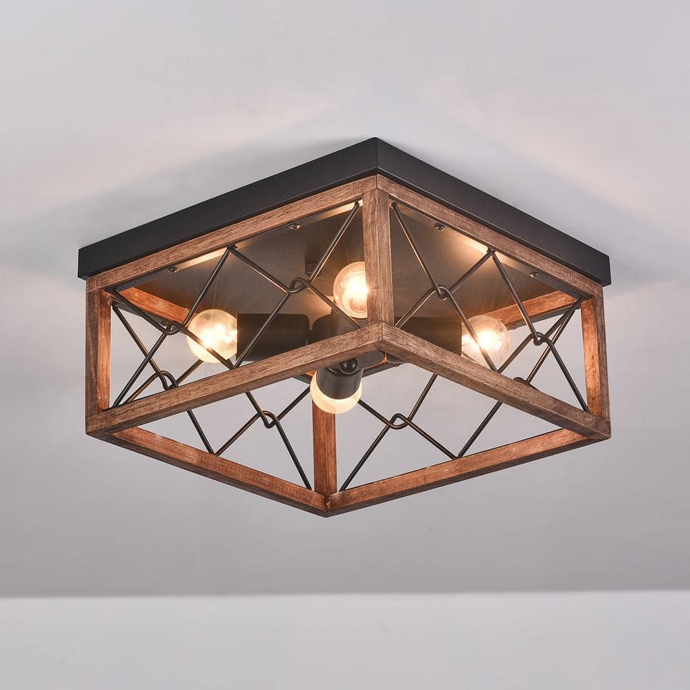 12.6 in. 4-Light Farmhouse Rustic Square Wooden Flush Mount Ceiling - Hercitys
