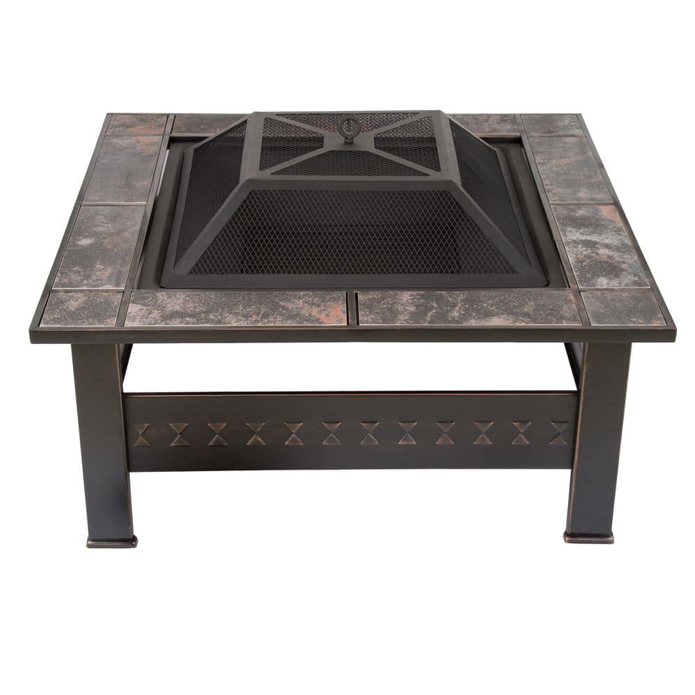 32 in. Steel Square Tile Fire Pit with Cover - Hercitys