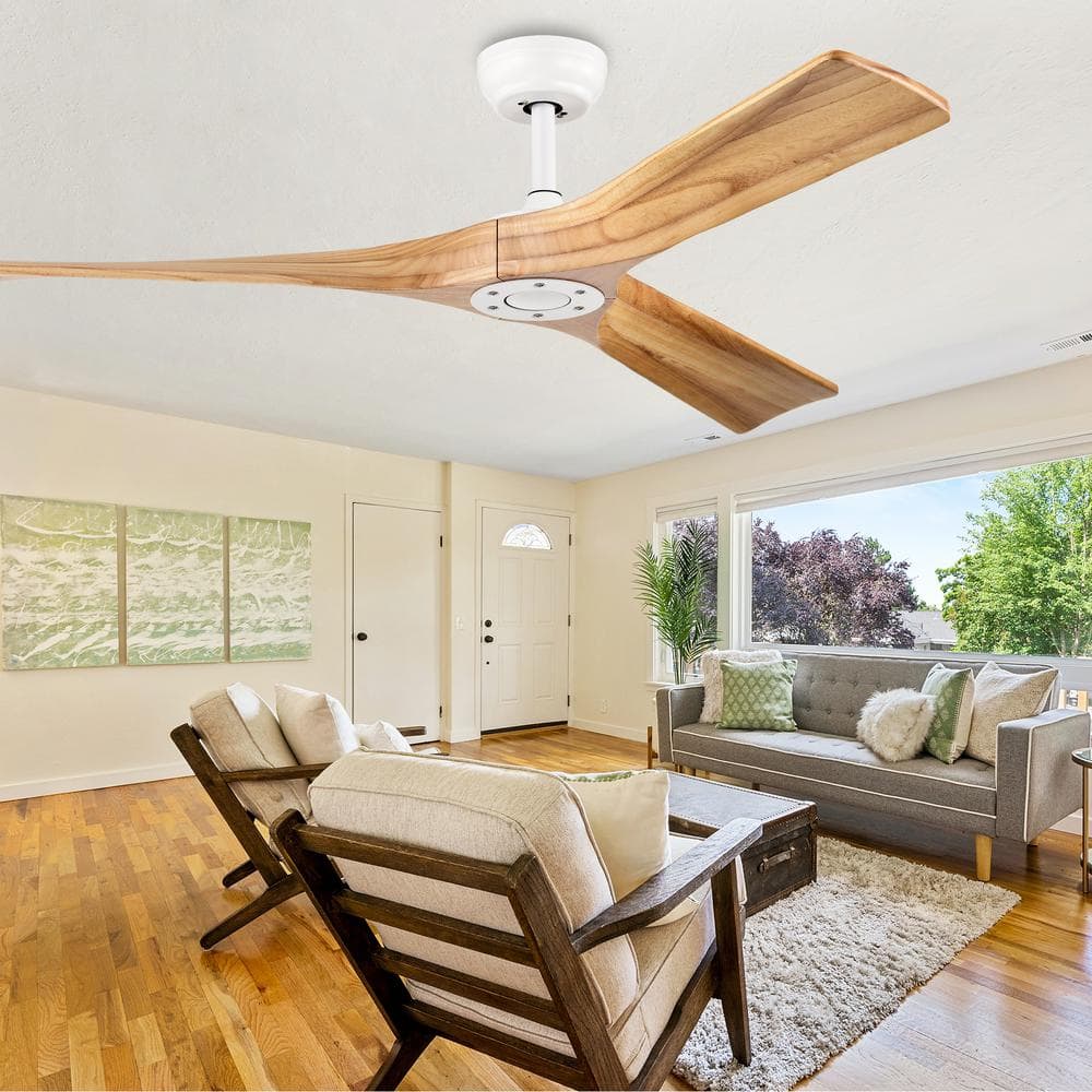 52 in. Farmhouse Indoor/Outdoor Matte White 6-Speeds Ceiling Fan with Solid Wood Blades and Remote Control - Hercitys