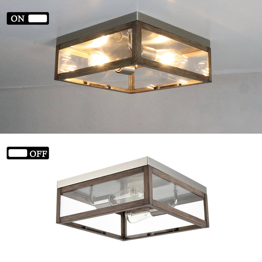 15.62 in. 2-Light Nickel Flush Mount with Clear Glass Shade and No Bulbs Included 1-Pack - Hercitys