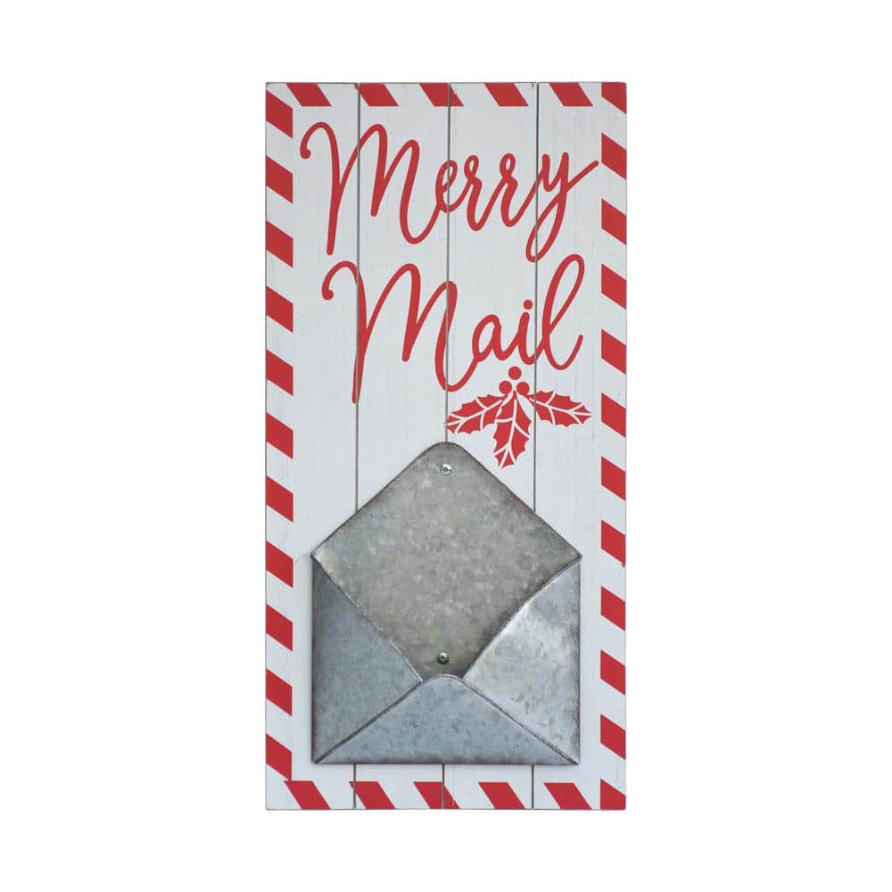 20.5 in. White Wood and Metal Christmas Merry Mail Wall Mail Holder - Hercitys