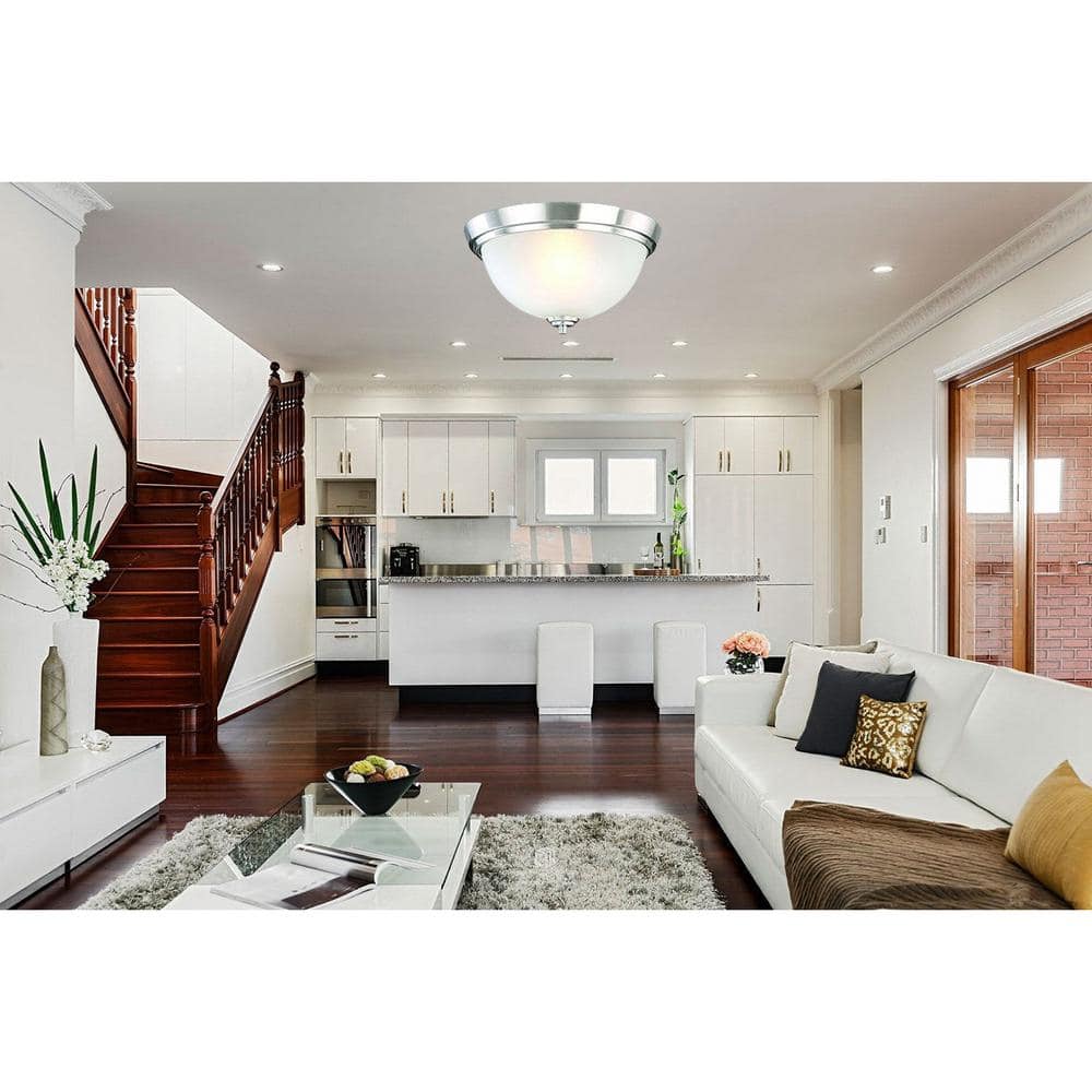 13.5 in. Brushed Nickel Flush Mount Fixture with 2 Bulbs and Alabaster Glass Shade - Hercitys