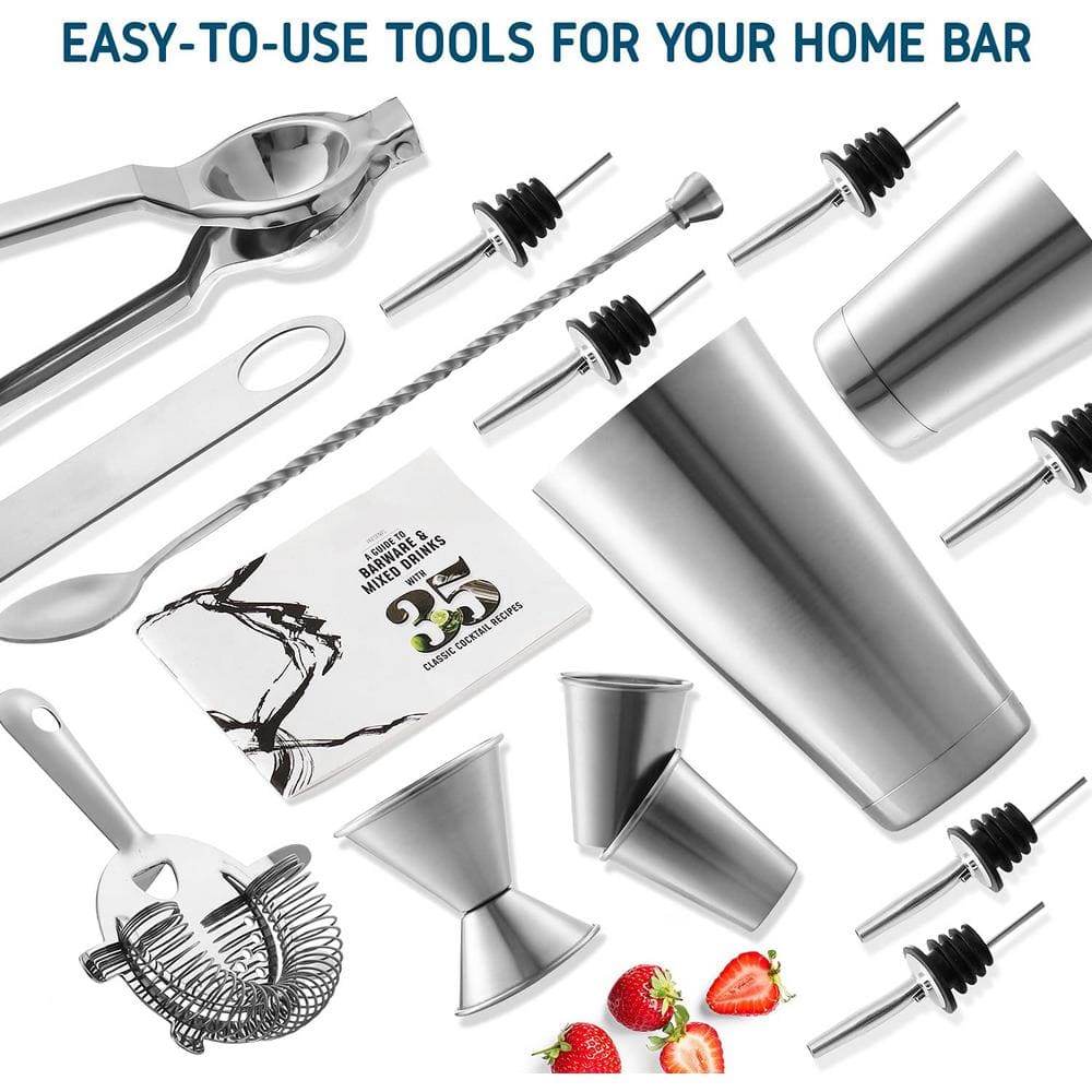 17-Piece Stainless Steel Bartender Kit-Bar Cocktail Shaker Set, 30 oz. Book, Muddler, Jigger and Pourers with Wood Stand - Hercitys