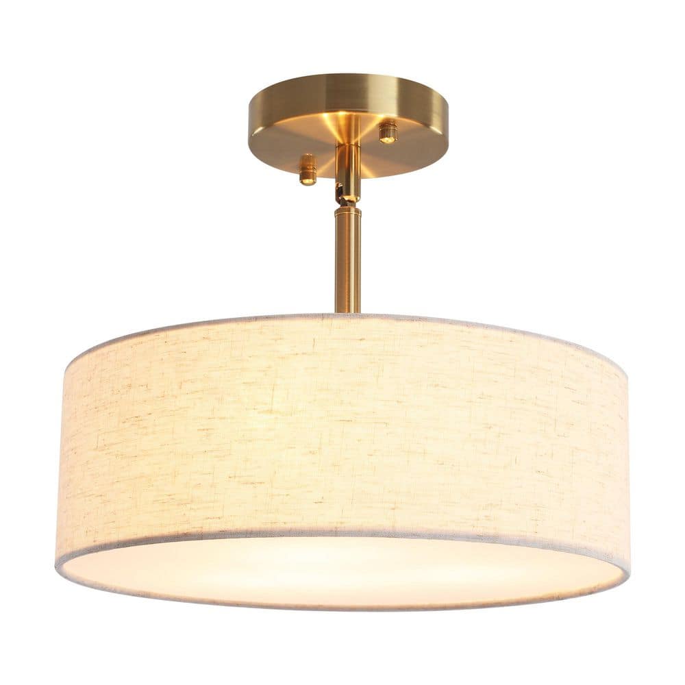 12.6 in. 3-Light Gold Farmhouse Drum Semi-Flush Mount Light with Linen Cover - Hercitys