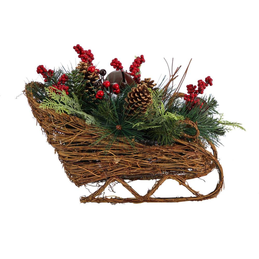 18 in. Unlit Christmas Sleigh with Pine, Pinecones and Berries Artificial Christmas Arrangement - Hercitys