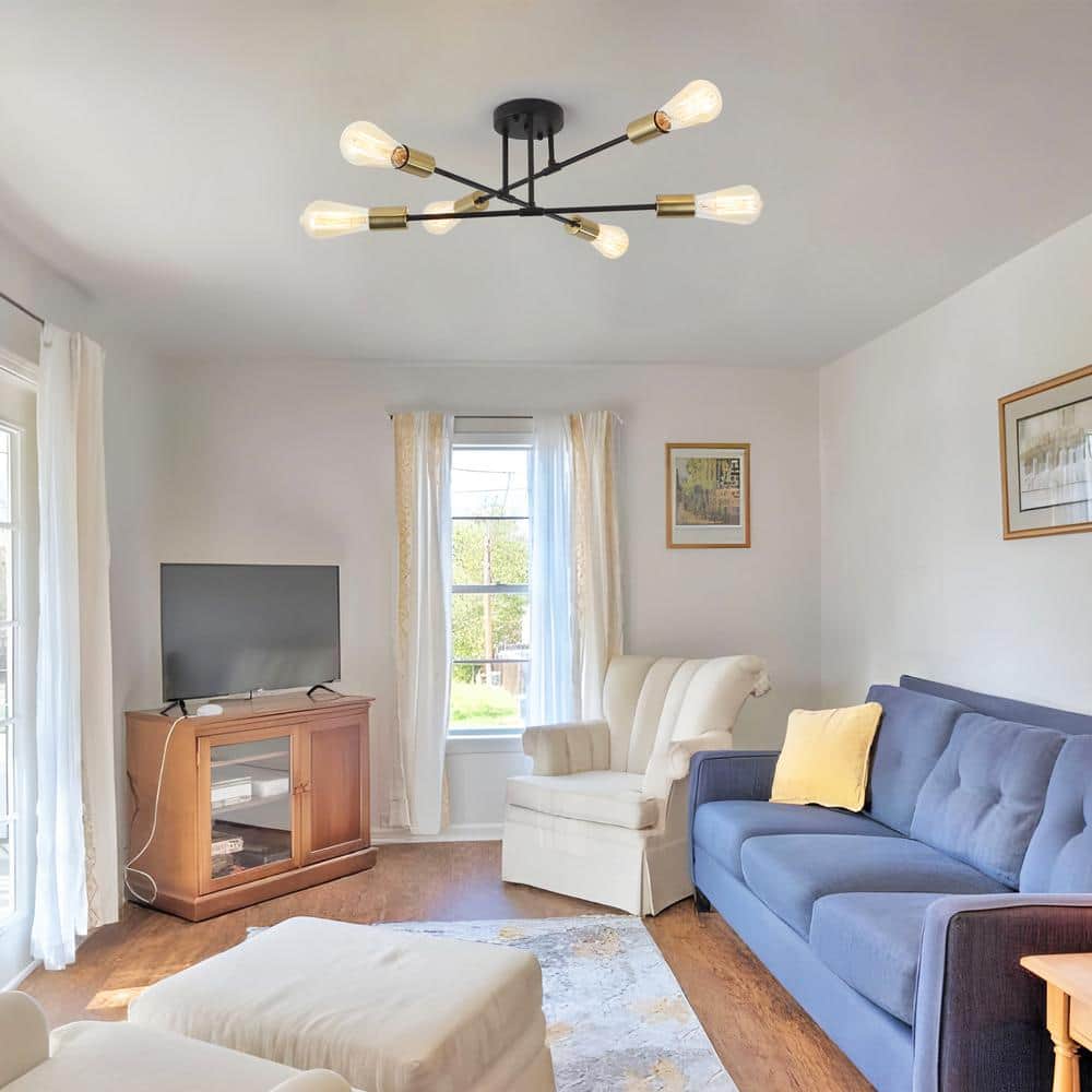 20.66 in. 6-Light Black and Brass Sputnik Modern Semi-Flush Mount Ceiling Light - Hercitys