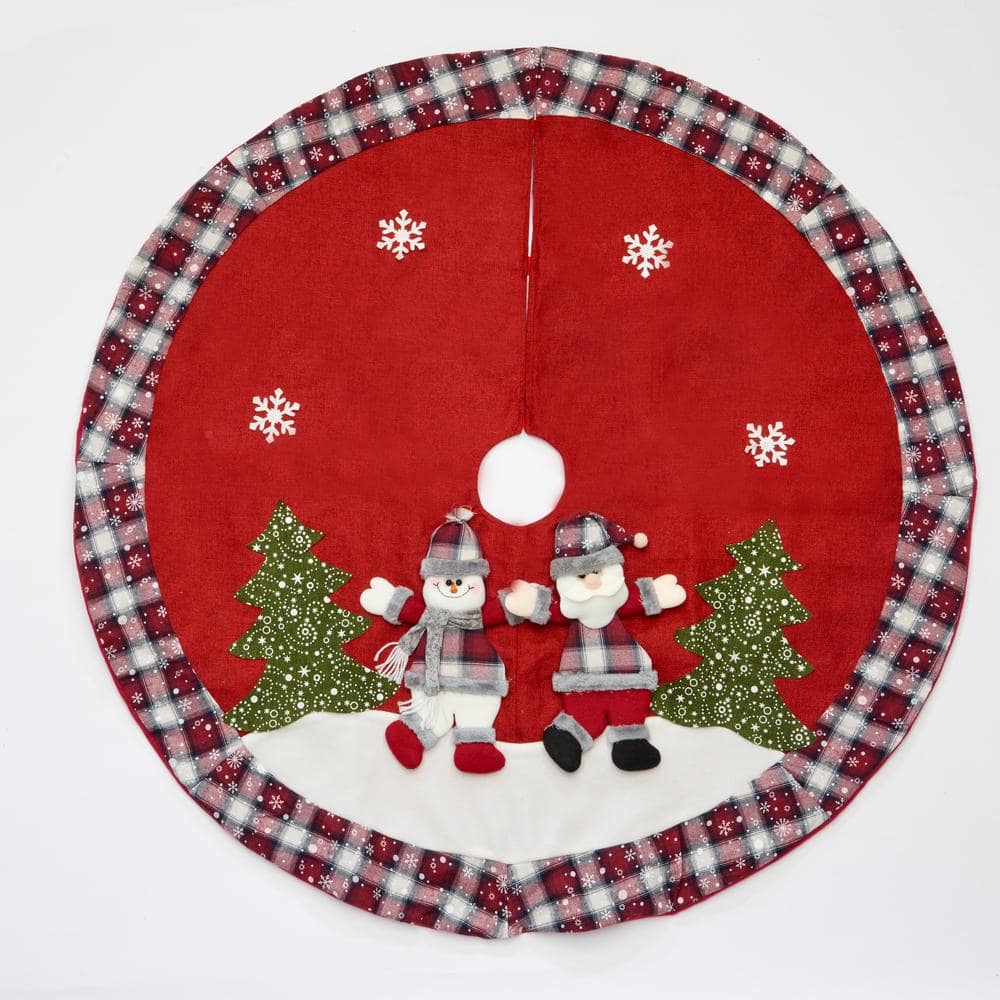 48 in. Red Snowman and Santa Embroidered Christmas Tree Skirt - Hercitys