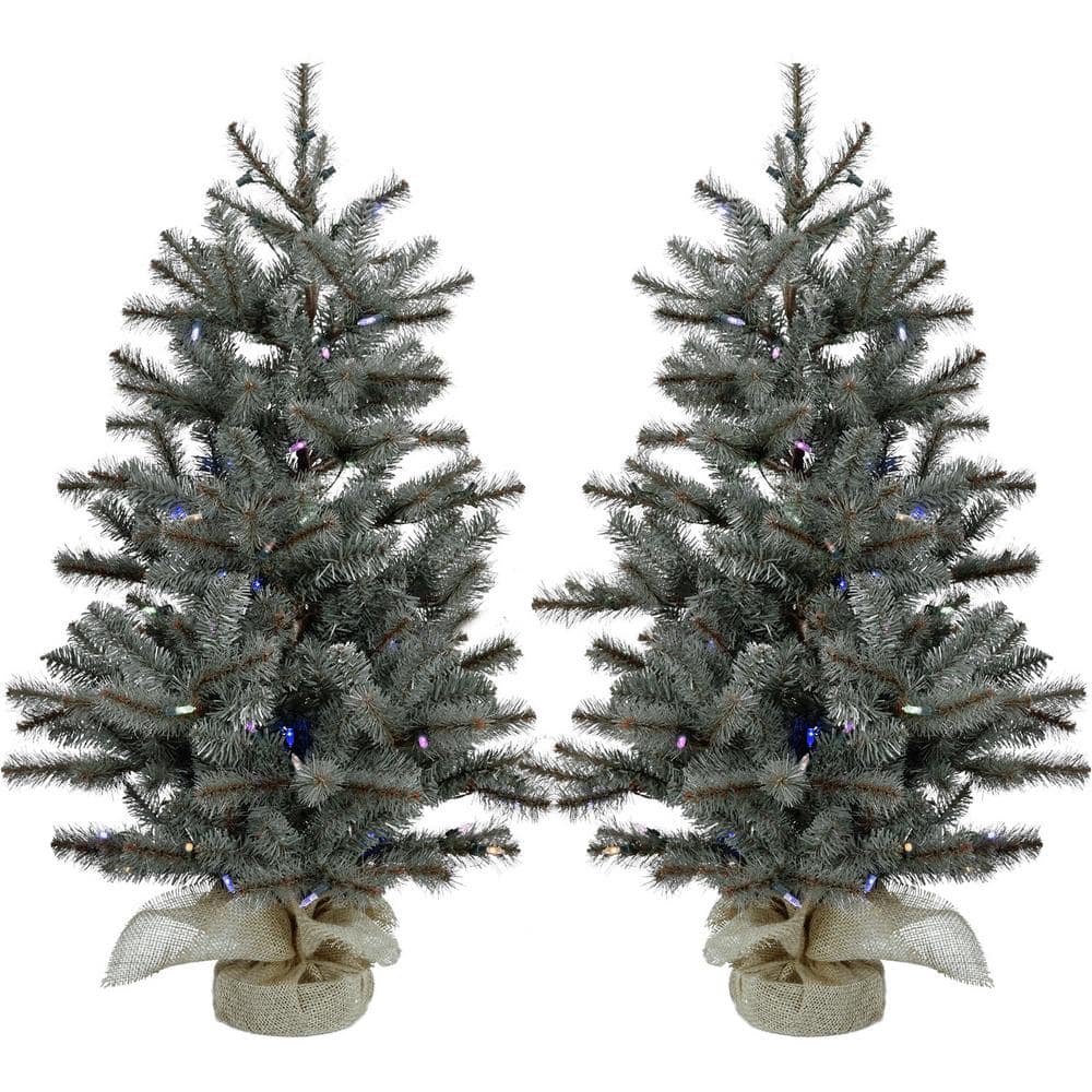 3 ft. Yardville Pine Artificial Christmas Porch Tree with Rustic Burlap Base and Multi-Color LED Lights (Set of 2) - Hercitys