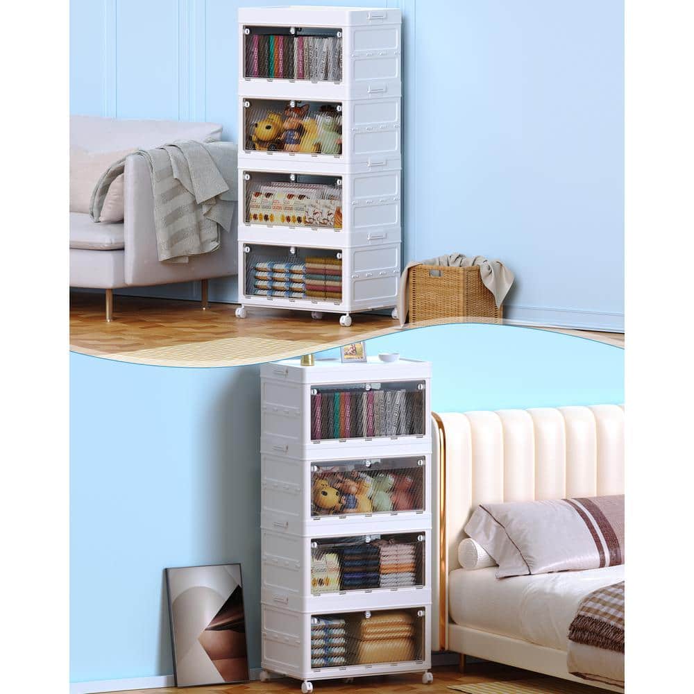 4-Tier 88 qt. Collapsible Storage Bins Stackable Plastic Organizers in White with Lids and Wheels for Home, Kitchen etc - Hercitys