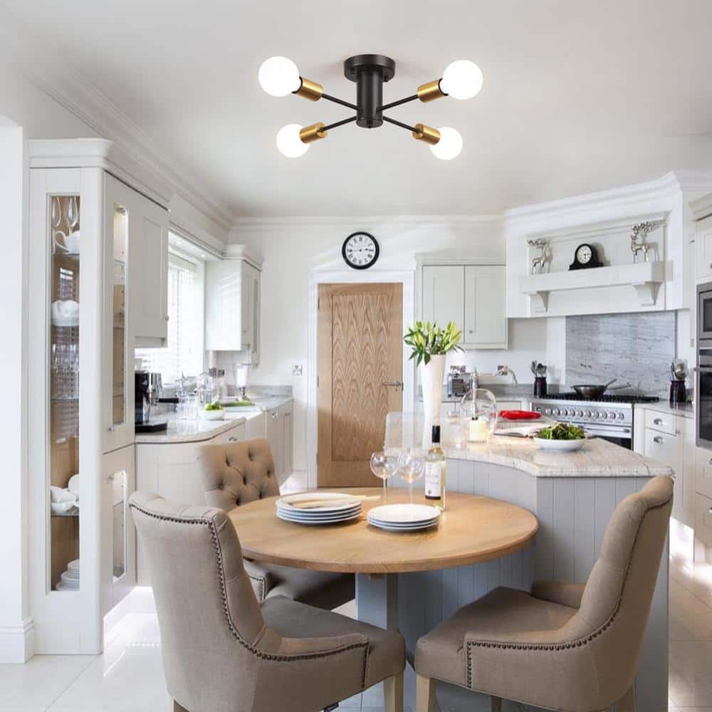 17.5 in. 4-Light Black and Gold Sputnik Transitional Flush Mount Ceiling Lights - Hercitys