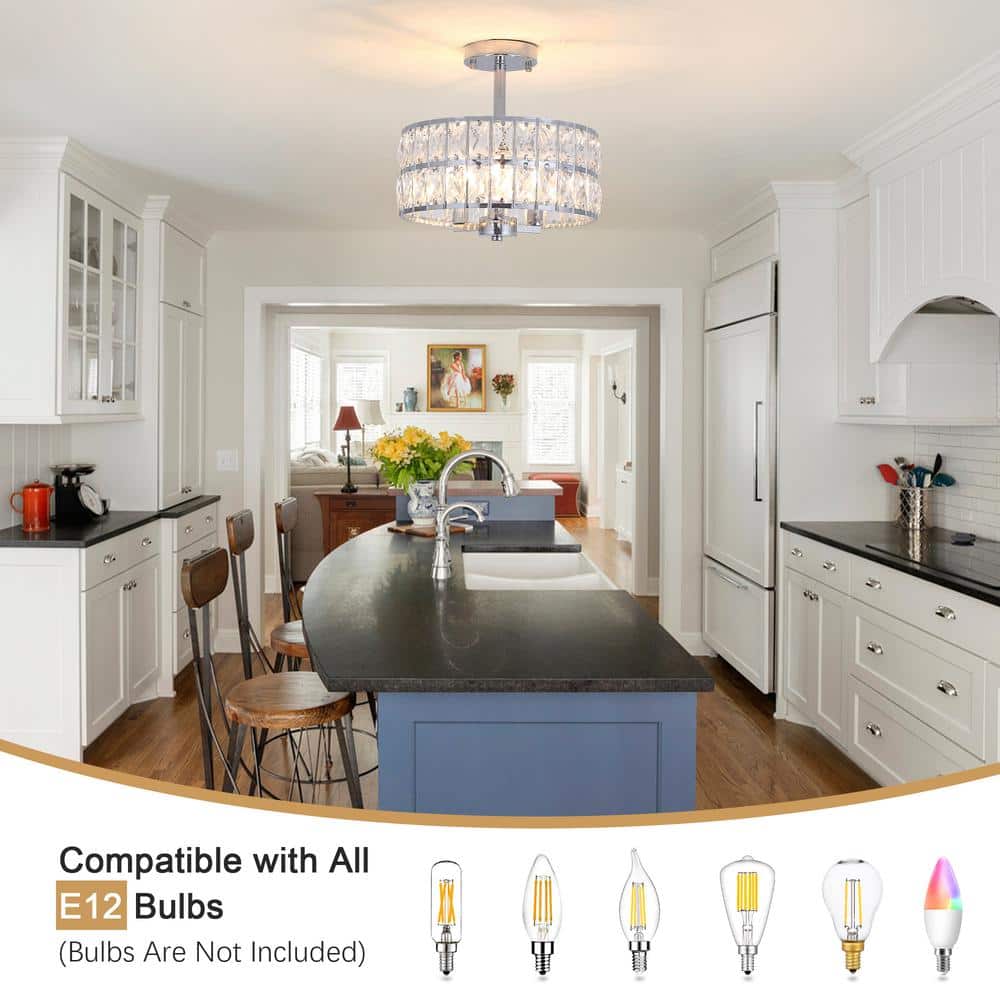 12.59 in. 3-Light Chrome Round Drum Semi-Flush Mount Ceiling Light with Clear Crystal and No Bulbs Included - Hercitys