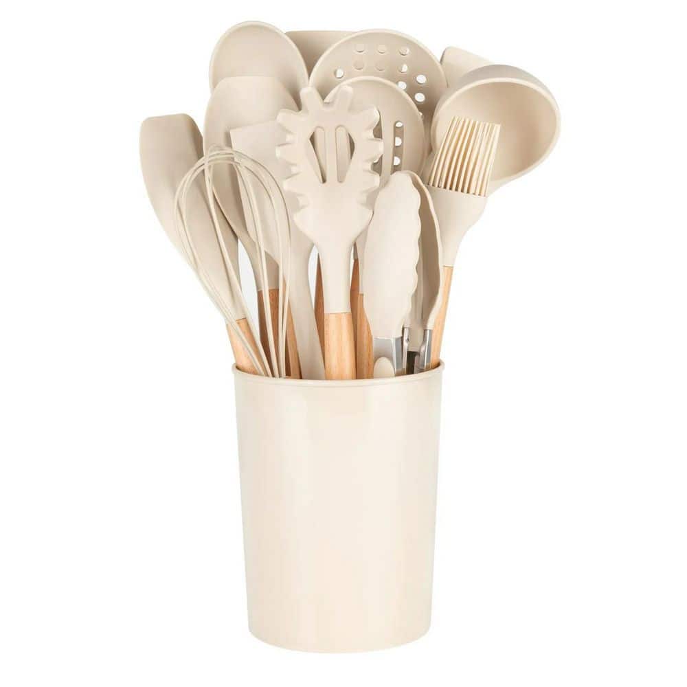 14-Piece Kitchen Cooking Tools Utensil Set with Caddy, Wooden Handle, Nonstick Silicone and Heat-Resistant, Beige - Hercitys