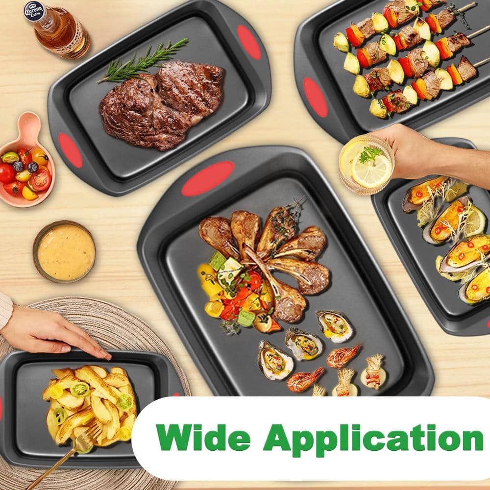 3-Piece Nonstick Baking Pan Sheet with Red Silicone Handles Set - Hercitys