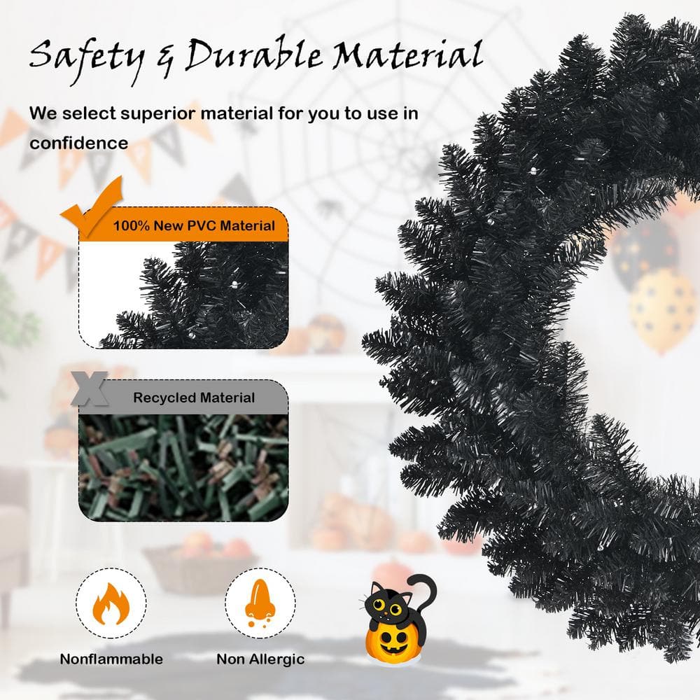 24 in. Black PreLit Artificial Christmas Wreath Halloween Wreath with 35 Purple LED Lights - Hercitys